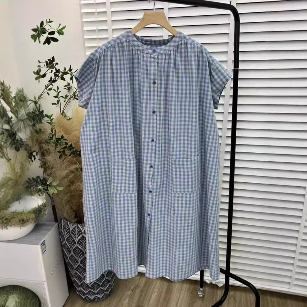 日系复古撞色蓝格子连衣裙女格子色织水洗棉软软的中长款连衣裙