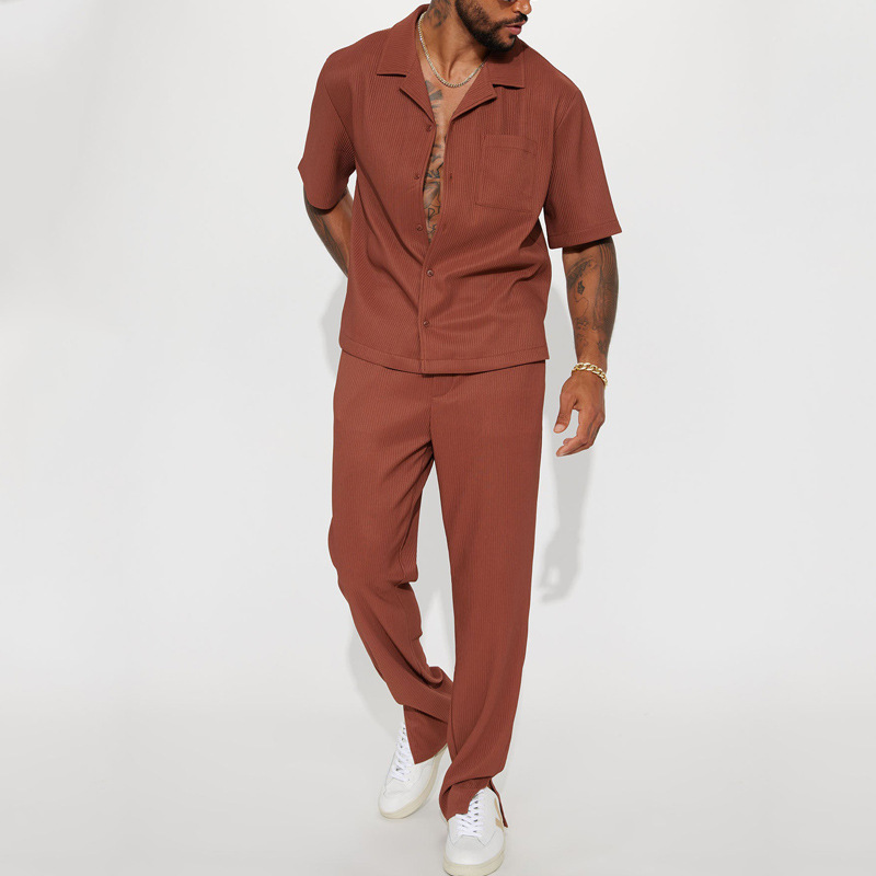 European and American Cross-Border 2025 New Hot-Selling Casual Men's Suit, Loose Lapel Short-Sleeve Long Pants Trendy Men's Outfit Set