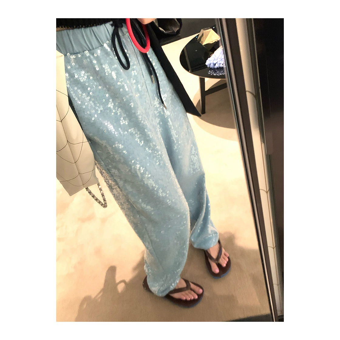 [Готовый запас] Ashi Glacier Blue Русалка с блестками Сверкающие брюки Повседневные брюки, которые легко сочетать, Новый стиль лета 2023 г.