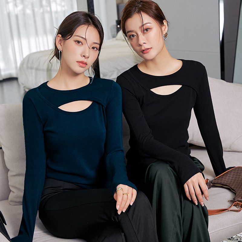 Knitted Base Shirt Women's Spring Autumn and Winter Western-style Round Neck Acrylic Heating Design Niche Sexy Top Trendy