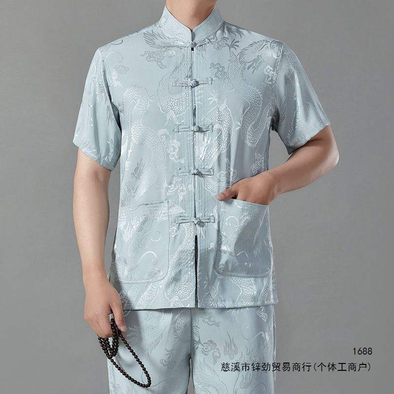 夏季新款男士短袖唐装男式中老年中国风冰丝爸爸装唐装短袖套装