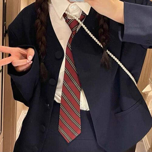 Wine Red Striped Tie for Girls, College Style, No Iron Shirt, School Supplied Tie, Accessory Bow Tie