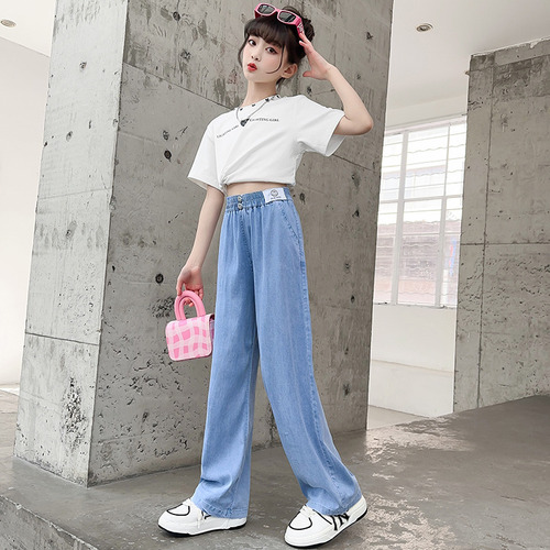 女童夏季冰丝薄款直筒阔腿牛仔裤小学生宽松休闲初中学生夏季薄款