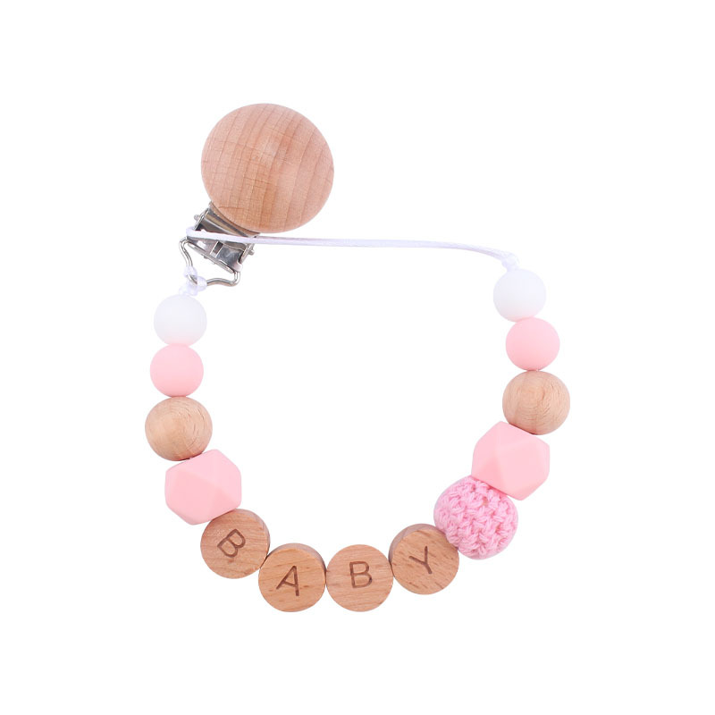 Nuevos suministros para bebés Clip de haya cadena anti-caída calmante bebé cuentas de silicona DIY nombre pezón cadena anti-caída
