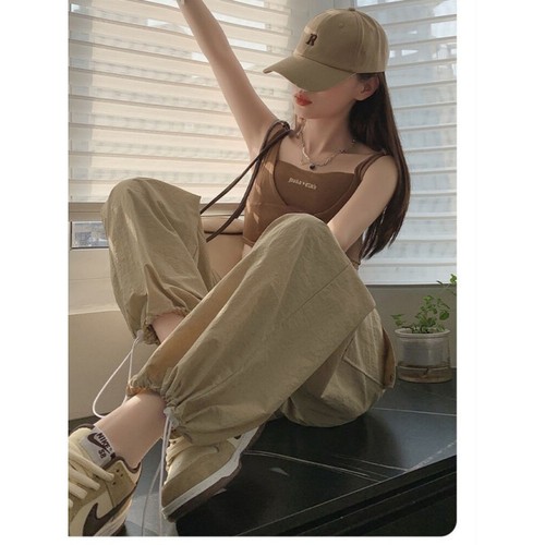 Summer Quick-Dry Work Pants for Women, Khaki Color, Loose Fit, Slimming Straight Leg, American Style Drawstring Sports Pants