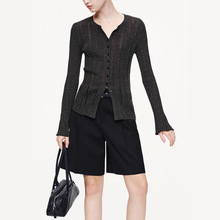 工厂直销25秋季新品绵羊毛羊驼毛圆领修身微喇叭袖针织开衫上衣女