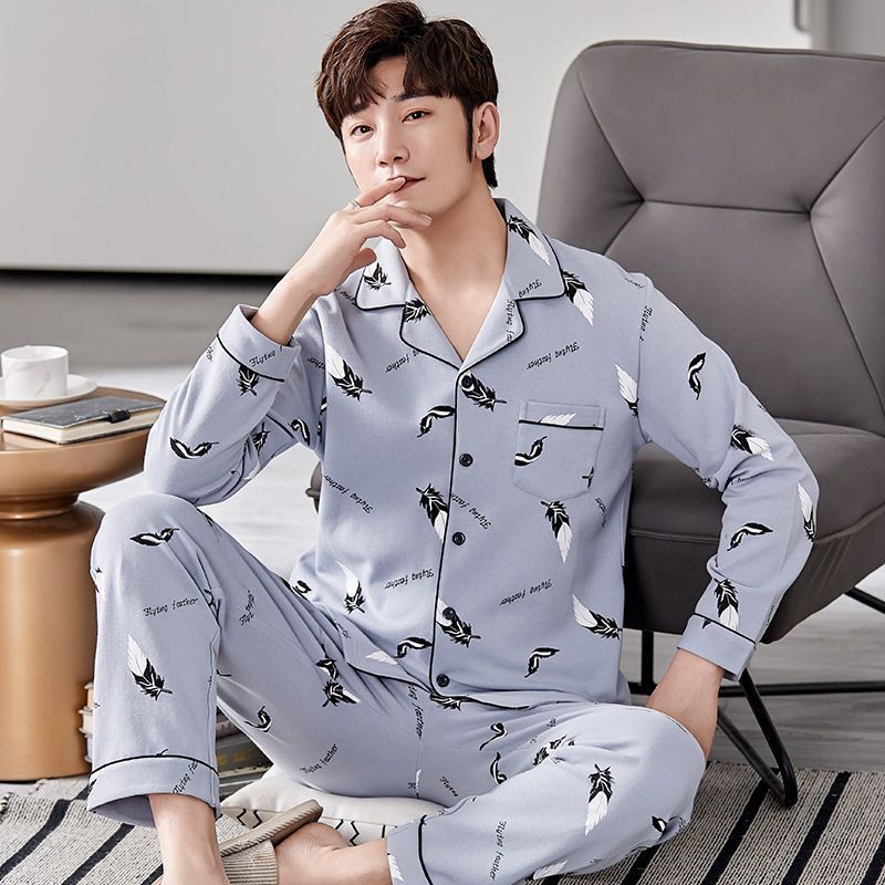 Pijama de hombre primavera y otoño algodón cardigan de manga larga juventud de mediana edad grande se puede usar en el exterior conjunto de ropa de casa