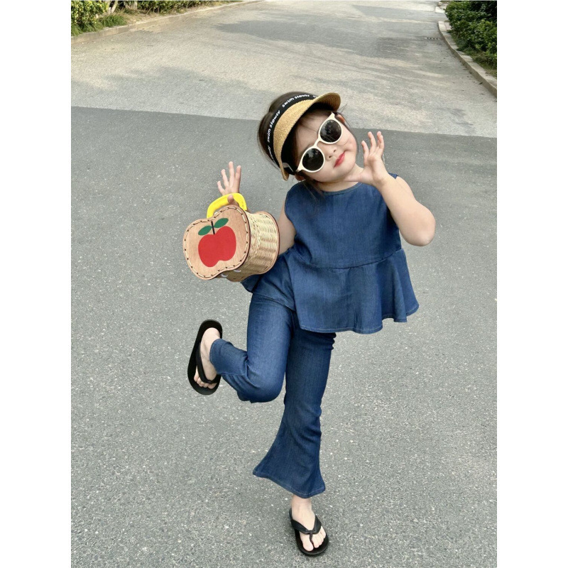 女童夏款无袖天丝牛仔套装2025新款韩版女宝宝洋气荷叶边喇叭裤潮|undefined