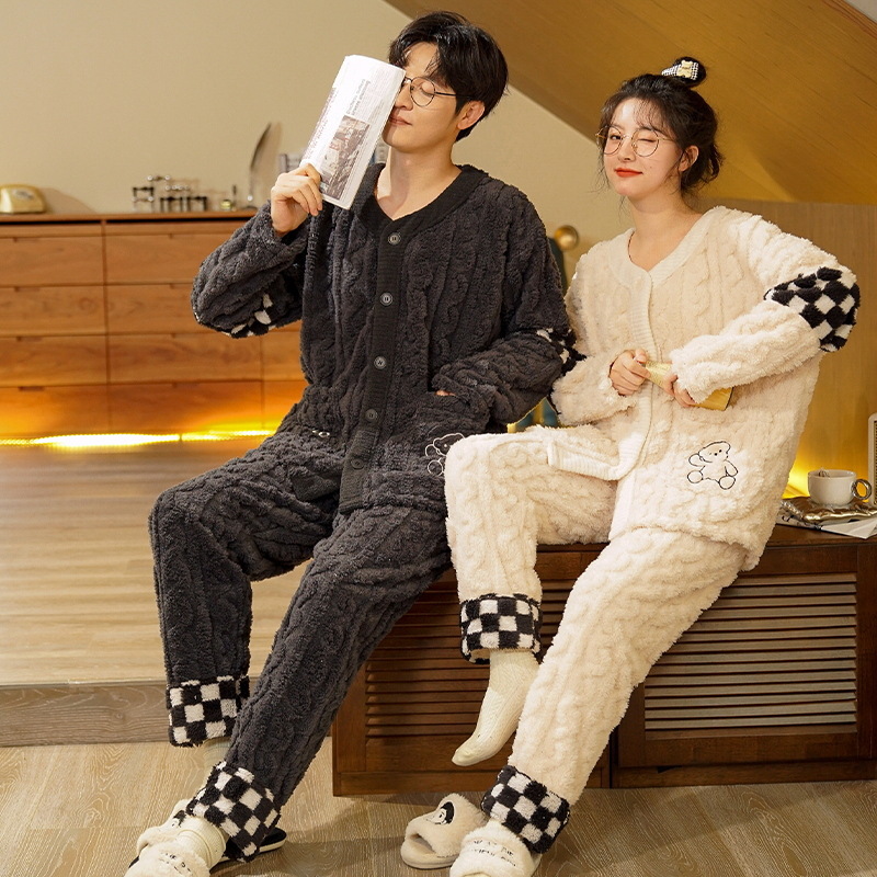 (2개) 커플 파자마 겨울 산호 털 가을 겨울 두꺼워진 한 남자 한 여자 플러스 털 따뜻한 플란넬 홈 옷 정장