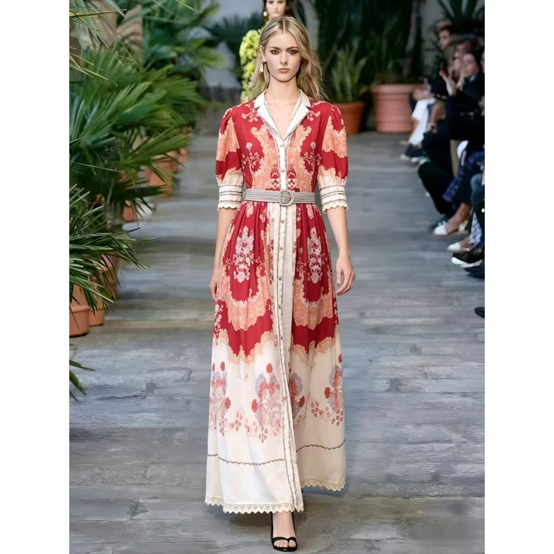 New Style Printed Stand-Collar Single-Breasted Elegant and Stylish Ultra-Long Dress