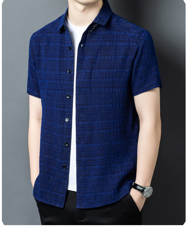 Áo sơ mi ngắn tay nam lụa tơ tằm 100% Mulberry Silk họa tiết jacquard Corinthian — Xanh da trời2635 chi tiết 10