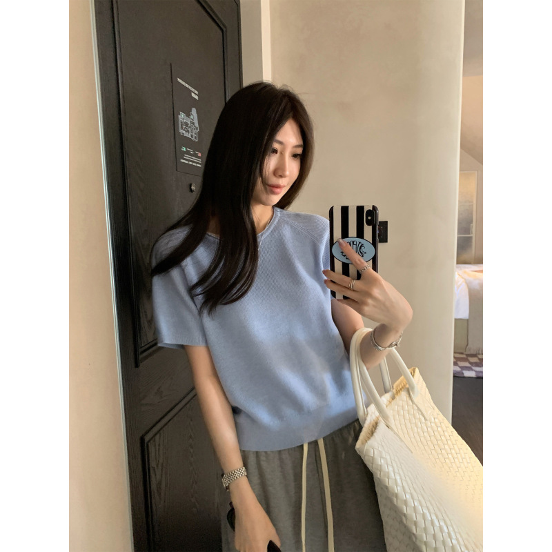4896 # Ayi 26Ss Refreshing Breathable Ice Linen Knit Short-Sleeve T-Shirt for Women with Raglan Sleeves and Round Neck, Versatile Top