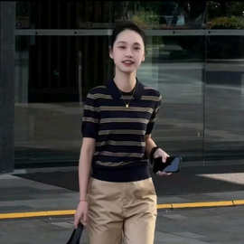 夏季新款天丝莱塞尔Polo领条纹针织短袖气质翻领T恤减龄上衣潮女