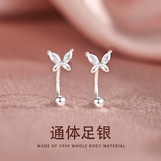 S999银蝴蝶镶钻耳钉女森系耳骨钉睡觉不用摘拧扣螺丝耳饰C01123