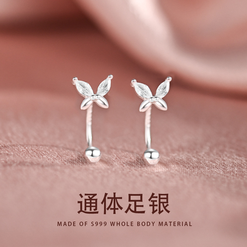 S999銀蝴蝶鑲鑽耳釘女森系耳骨釘睡覺不用摘擰扣螺絲耳飾C01123