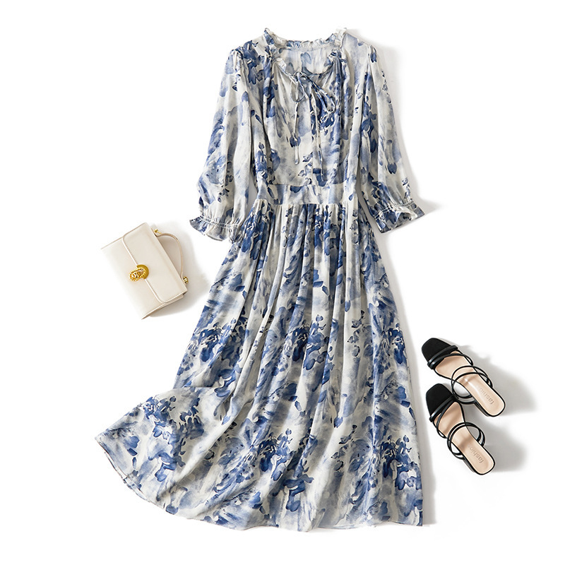 Blue and White Porcelain Silk dress Temperament Slim-fit Slimming Mulberry Silk Mid-length Skirt Waist Ink Painting Plant Dye 3116