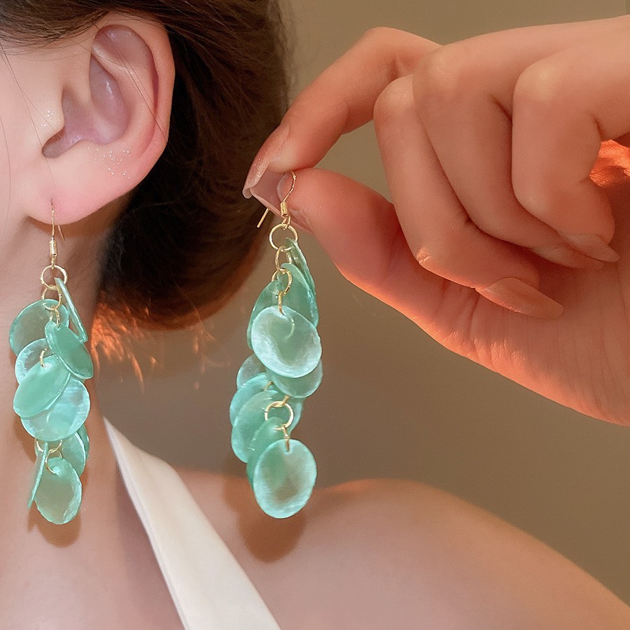 Pendientes de borla de concha geométrica redonda, estilo de vacaciones junto al mar, gancho para la oreja, pendientes de todo fósforo de moda, sentido de clase alta de nicho