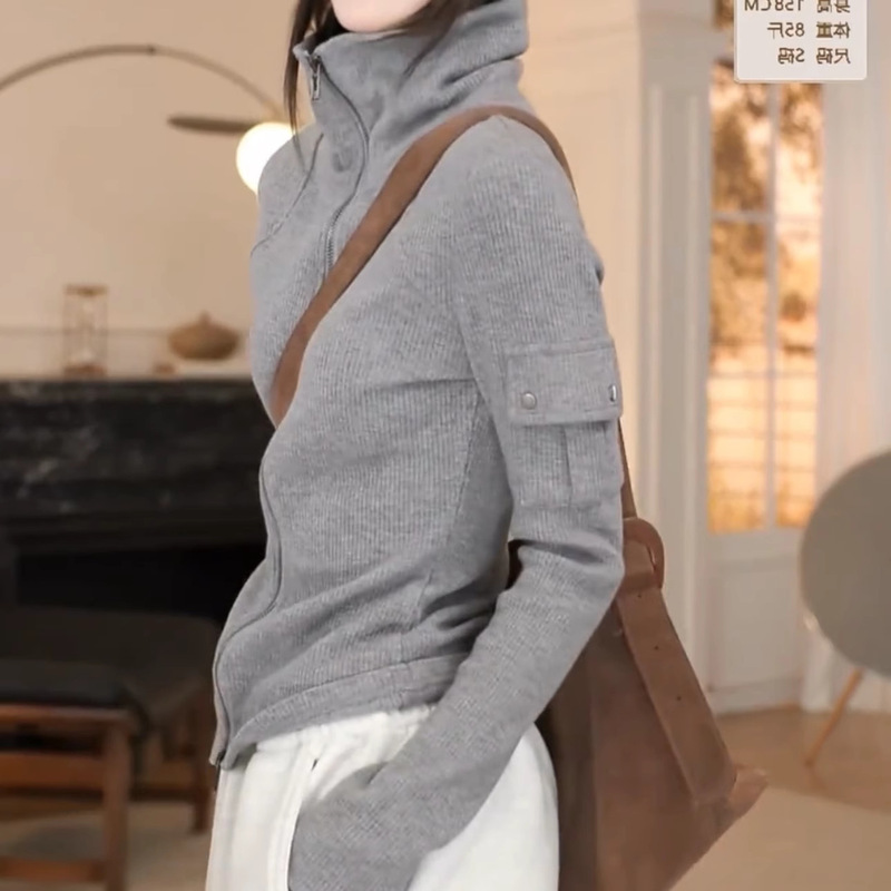 Grey Double Zipper Turtleneck Cardigan Sweatshirt Women's 2025 Spring New Design Sense Pocket All-match Slimming Jacket Trendy