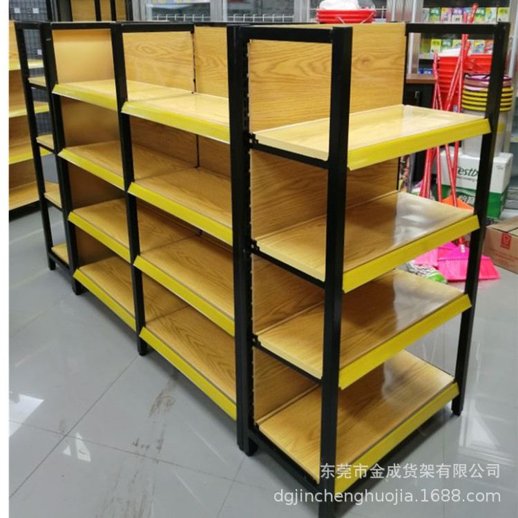 厂家四柱木纹色大卖场超市货架展示架文具店单面双面便利店货架|ms