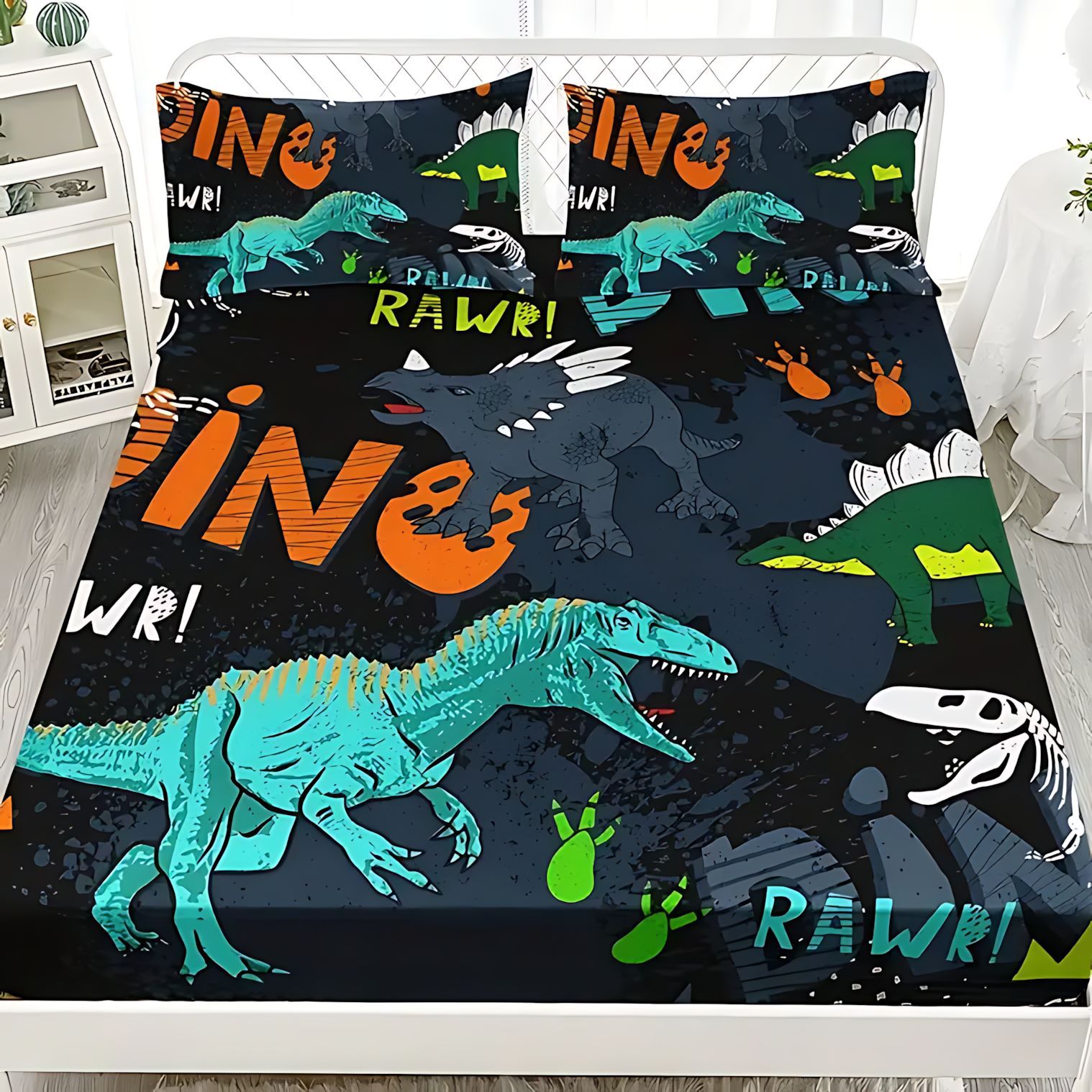 Temas de dibujos animados TEMU / JIT pequeños dinosaurios patrón de visita a casa transfronteriza de alta definición impresión digital kit de cama笠