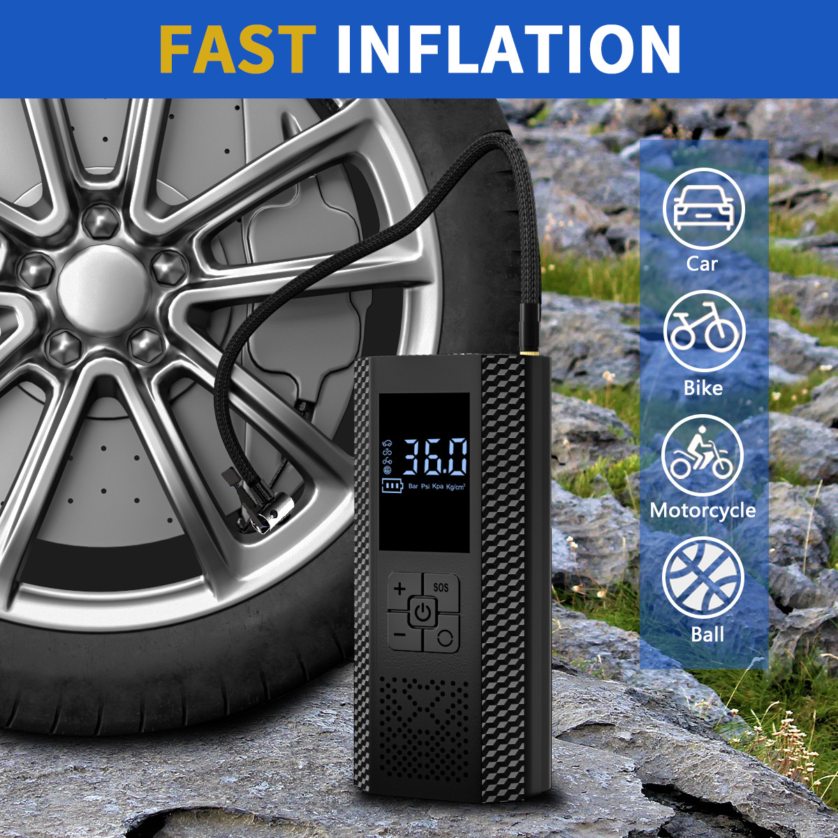 Black portable car air pump with digital display, preset tire pressure inflator, outdoor rescue emergency jump starter inflator