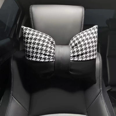 Car interior houndstooth bow headrest linen leather stitching decoration creative seat neck pillow waist support (Headrest) - leather-patchwork-houndstooth-black-headrest