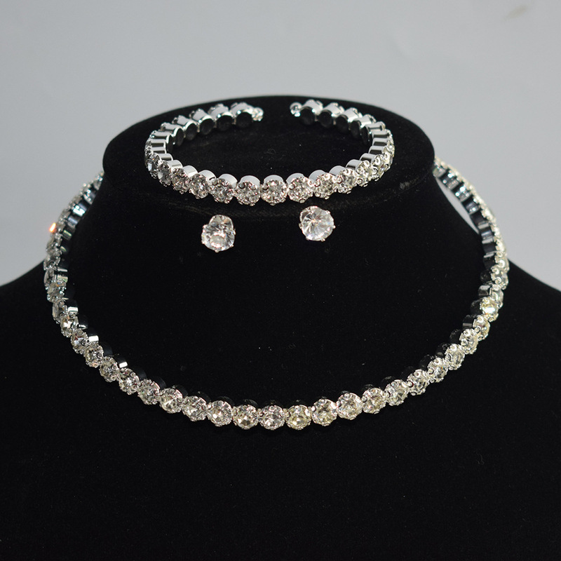 Bridal Jewelry 1/2/3 Row Gold and Silver Collar Bracelet Earrings Two-Piece Set Rhinestone Claw Chain Jewelry Necklace Set