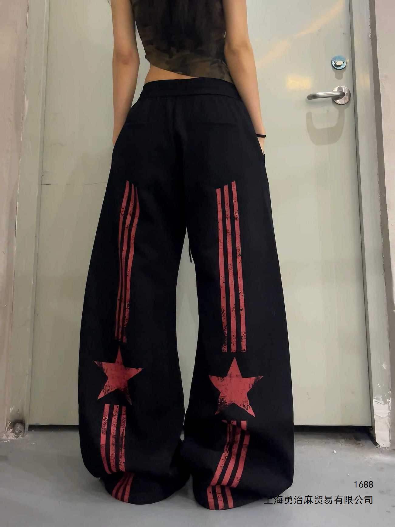 American street style star and letter print drawstring wide-leg casual sweatpants for men and women, loose-fitting dance sports pants.