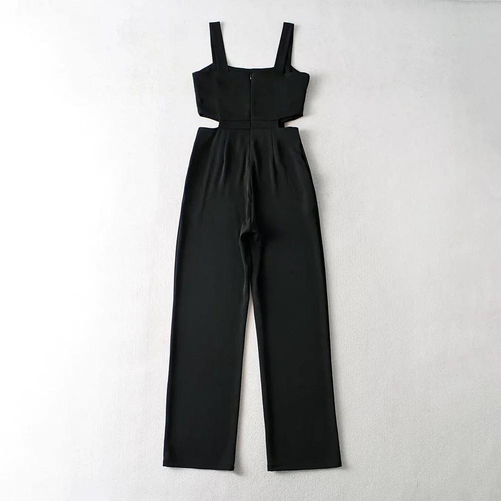 European And American Fans Show Waist Design Sense Black Loose And Thin Wide Leg Jumpsuit Fried Street Small Sexy Suspender Trousers
