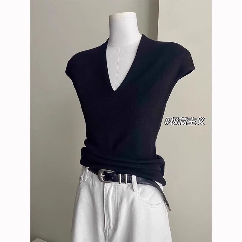 フレンチスモールフライングスリーブVネックニット半袖Tシャツレディース夏気質スリムショルダー薄いアイスシルクベストトップ|undefined