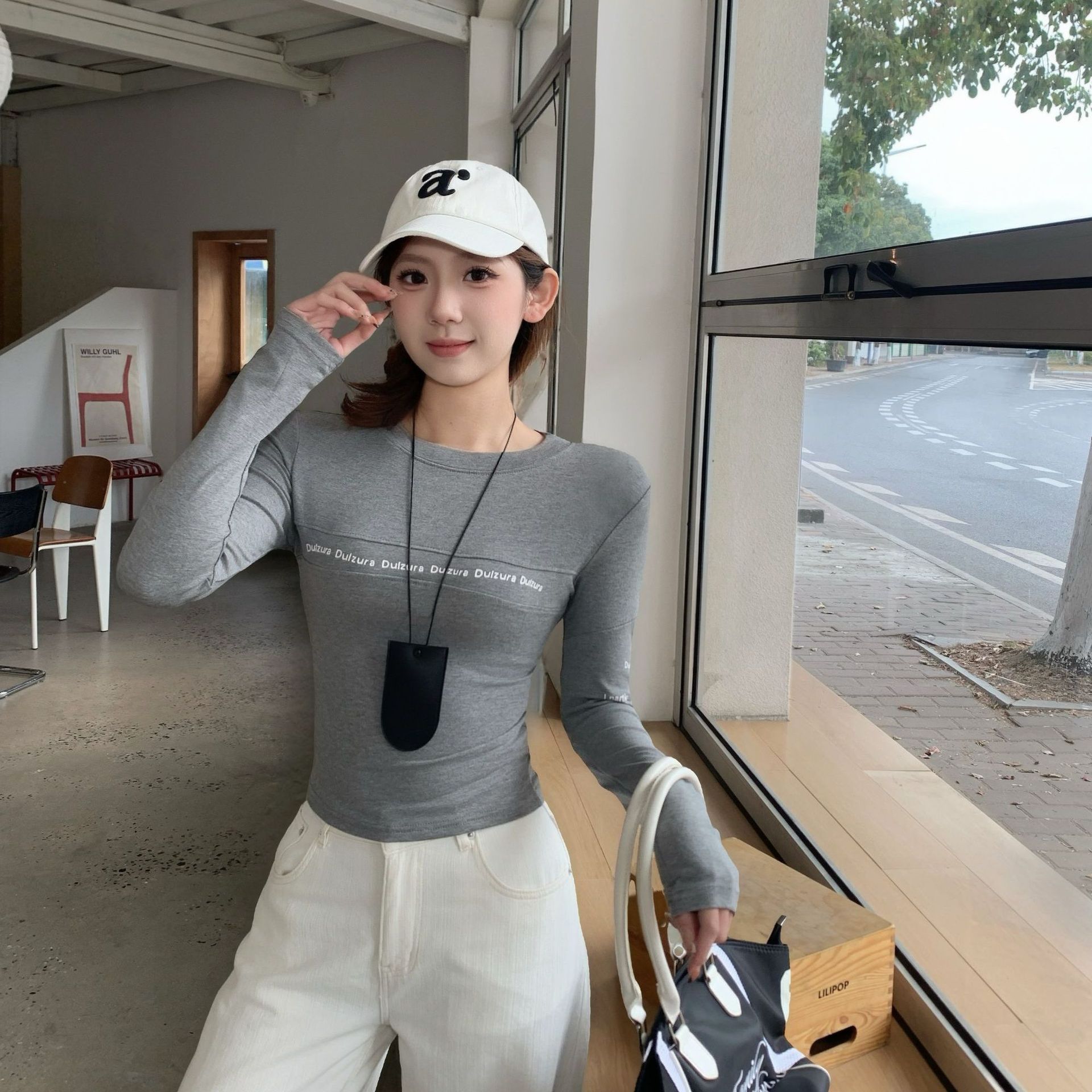 American retro long-sleeve t-shirt for women, early spring thin slim-fit base shirt, short top for trendy girls
