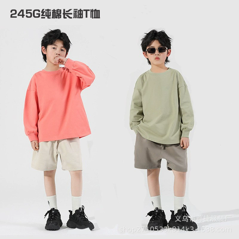 Осень и зима 2023, детская футболка из чистого хлопка с длинными рукавами для мальчиков и девочек, футболка с круглым вырезом, повседневная нижняя рубашка, классная форма с логотипом