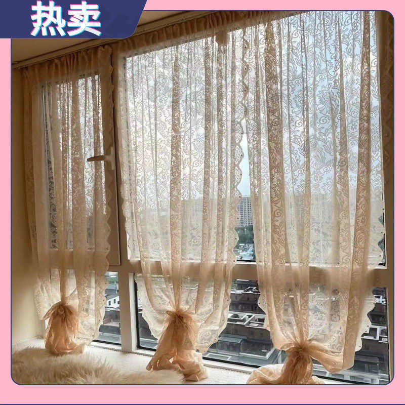 纱帘飘窗开窗钉珠法式复古魔术贴免遮挡打孔蕾丝田园窗帘门帘隔断|undefined