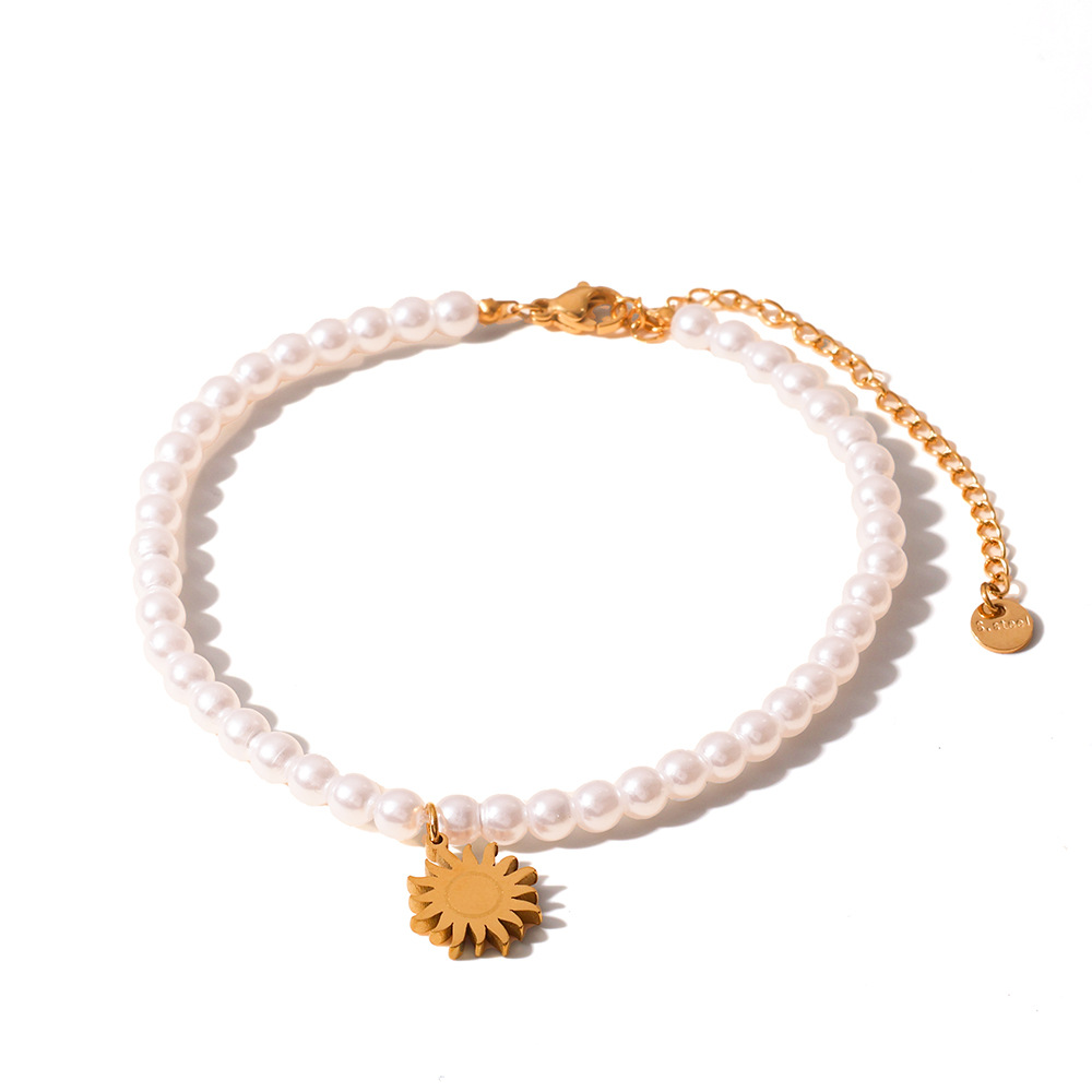 Amazon joyería de temperamento transfronterizo perla de una sola capa accesorios de girasol de acero inoxidable tobillera al por mayor 18K