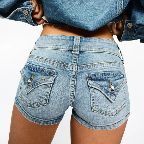Cross-Border European and American Style Bershka Sexy Hot Girl Double-Button Elastic Low-Waist Denim Shorts with Pockets, Bodycon Hot Pants for Women