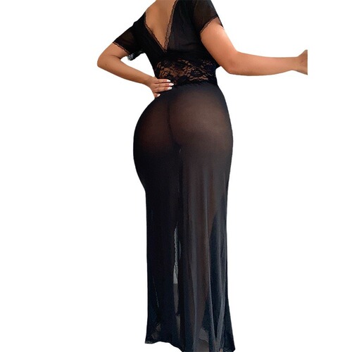 Women's perspective split nightdress lace mesh pajamas uniform underwear set Sexy prom queen