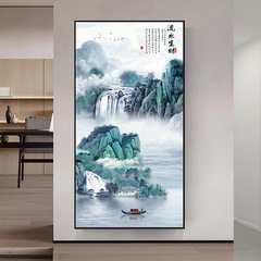 玄关装饰画墙纸贴画新中式入户客厅走廊过道竖版进门山水画自粘壁