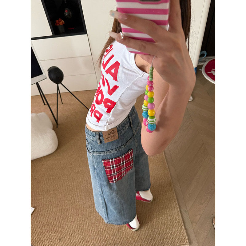 Trendy Design Patchwork Plaid Pocket Jeans Summer Fashion Loose Plus-Size Wide-Leg Straight Cropped Pants