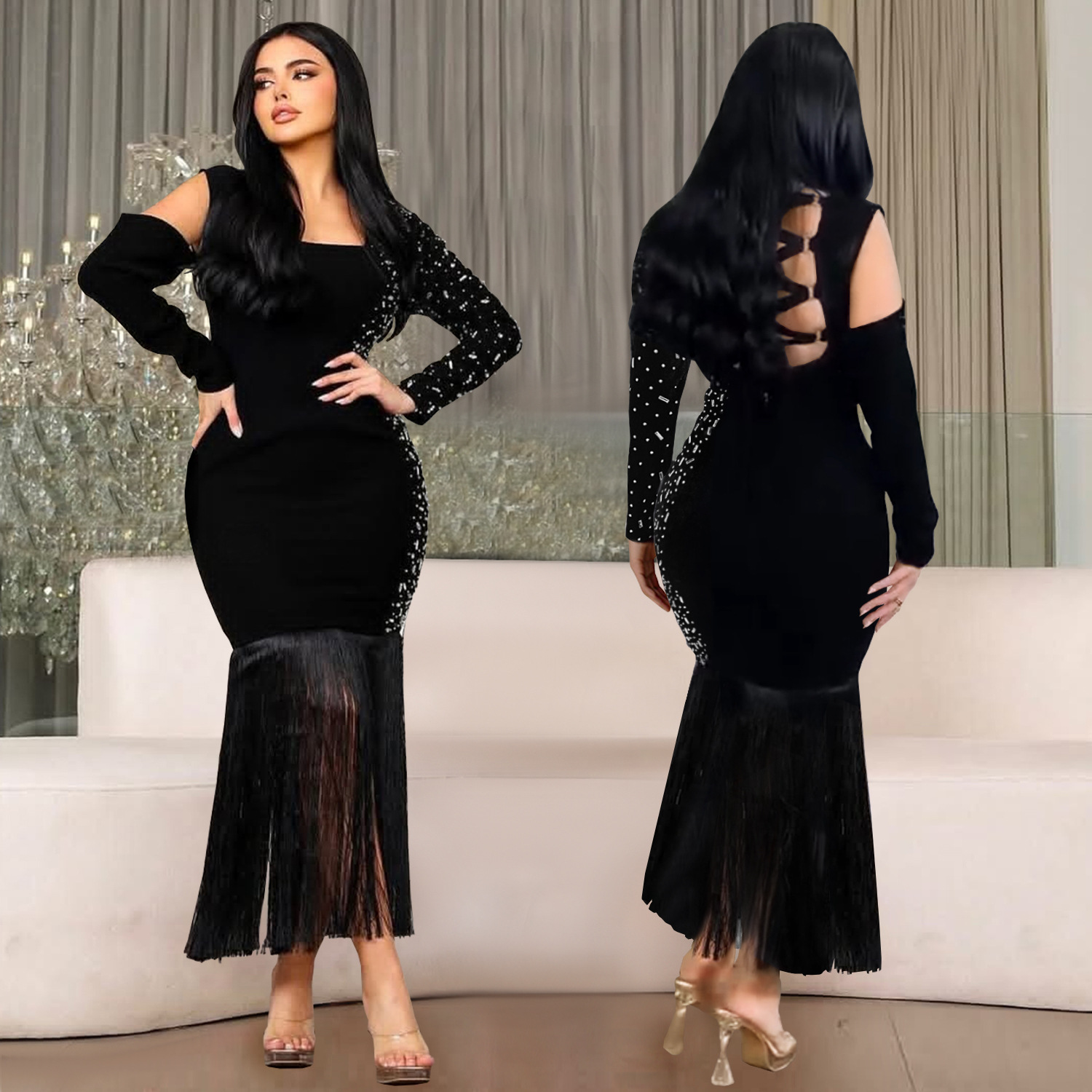 C7412 Aliexpress transfronterizo amazon ropa de moda europea y americana de mujer sexy bolsas de brazo largo vestido de diamantes calientes image 1