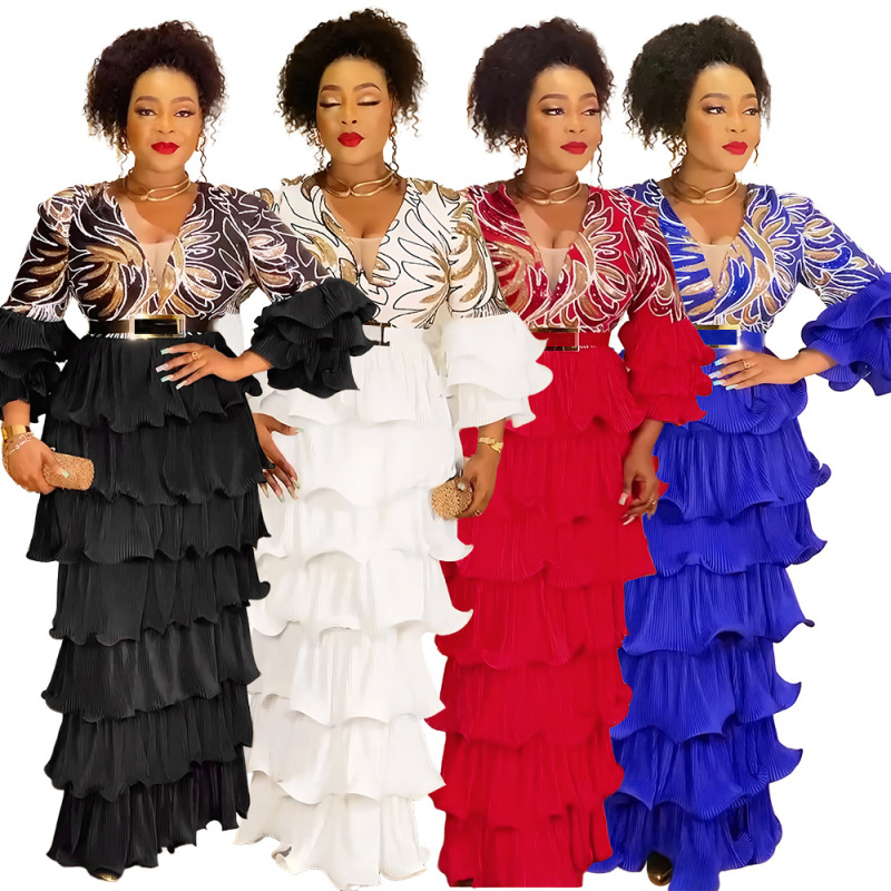 Cross-Border European and American African Aliexpress Fashion Plus Size Women's Sequin Dress Multi-Layer Cake Skirt Wedding Dress