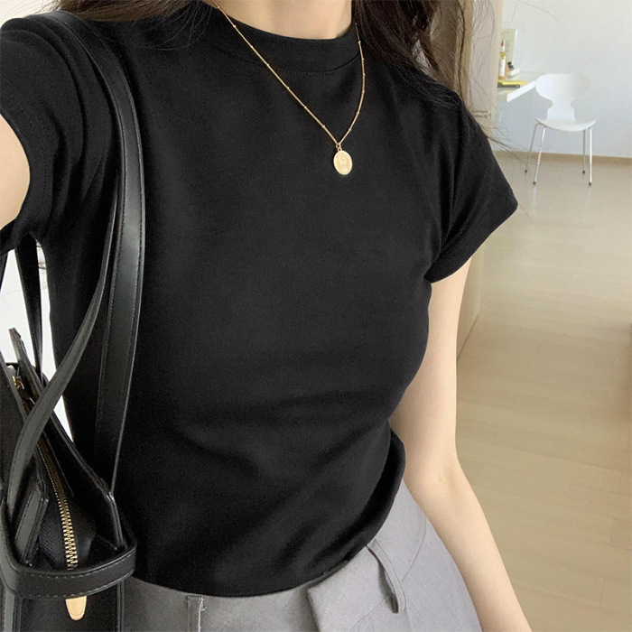 アメリカのレトロな肩の丸首の半袖のtシャツの女性の夏の中は底を打って身を修めるのがやせているギャルの短い上着の潮が現れます。|undefined