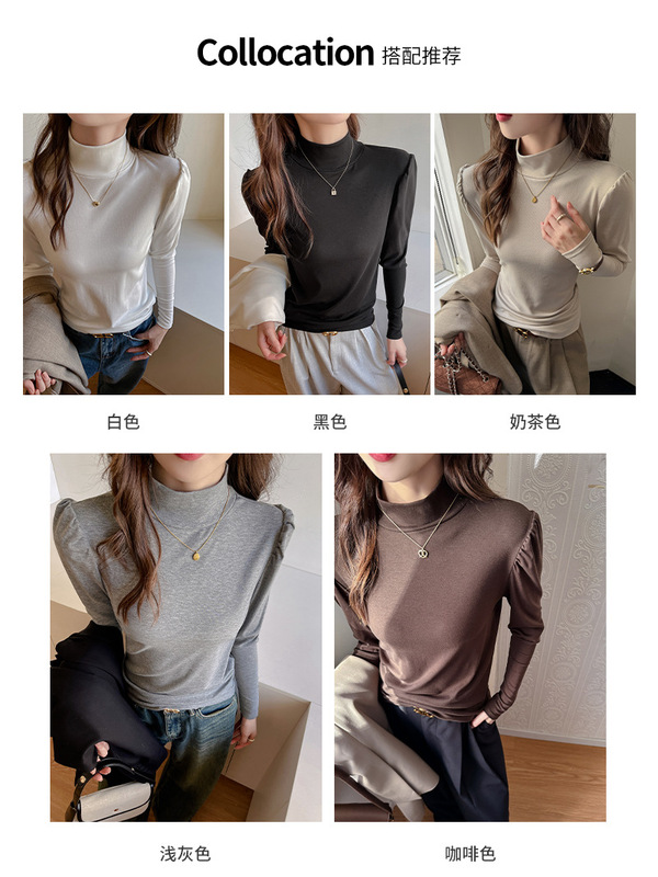 天丝莱赛尔半高领泡泡袖显肩宽长袖t恤女秋冬内搭打底衫外穿上衣|undefined
