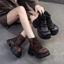 杰骤2024早秋新款欧货堆堆筒娃娃头中帮百搭擦色复古罗马风马丁靴