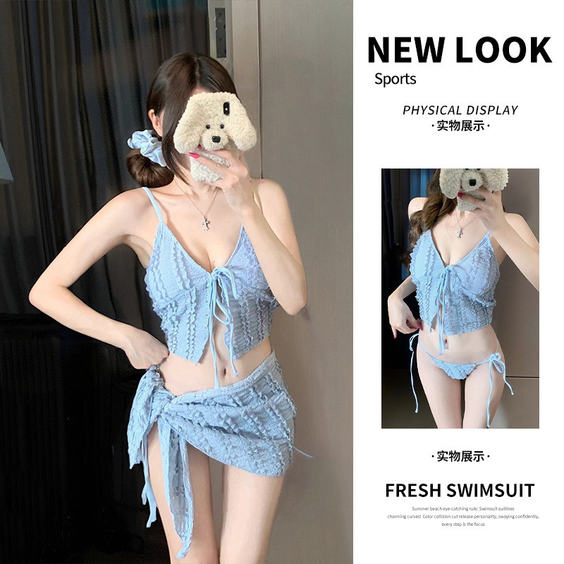 Lace Pure Desire Style Bikini Three-Piece Set Deep V Strap Tie Korean Ins Style High-End Seaside Swimwear Wholesale