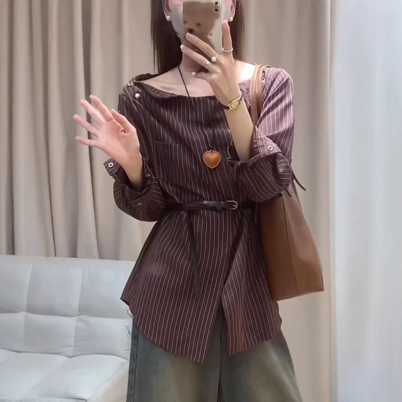 初春韩系穿搭一字肩条纹不规则长袖衬衫女春秋外搭设计感小众衬衣|undefined