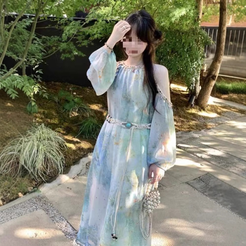 French Style Elegant Seaside Vacation Long-sleeved dress Autumn New Style Women's Fashionable Long Dress with Neck and Tight Waist and Lazy Sense French Style Elegant Seaside Vacation Long-sleeved dress Autumn New Style Women's Fashionable Long Dress with Neck and Tight Waist and Lazy Sense