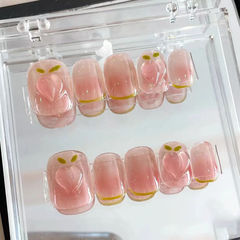 Handmade nail art with wearable fake nail stickers, cute and colorful watermelon pink, blush, short style.