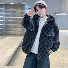 男童秋冬款外套夹棉加厚2025新款冬装中大童冬季连帽儿童格子风衣