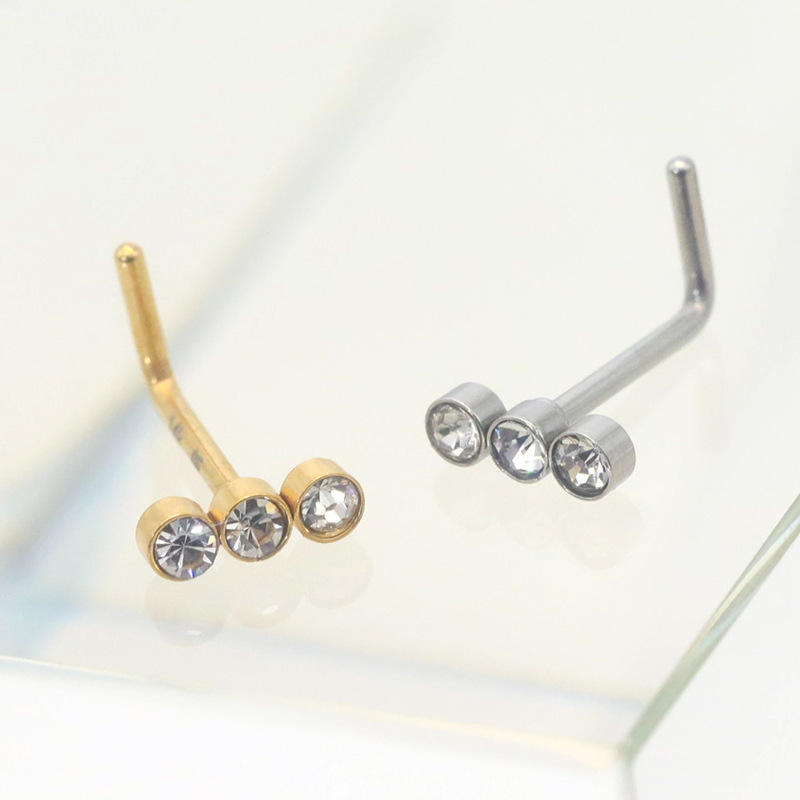 Stainless Steel Nose Stud With Three Diamonds One-word Design_voghion.com