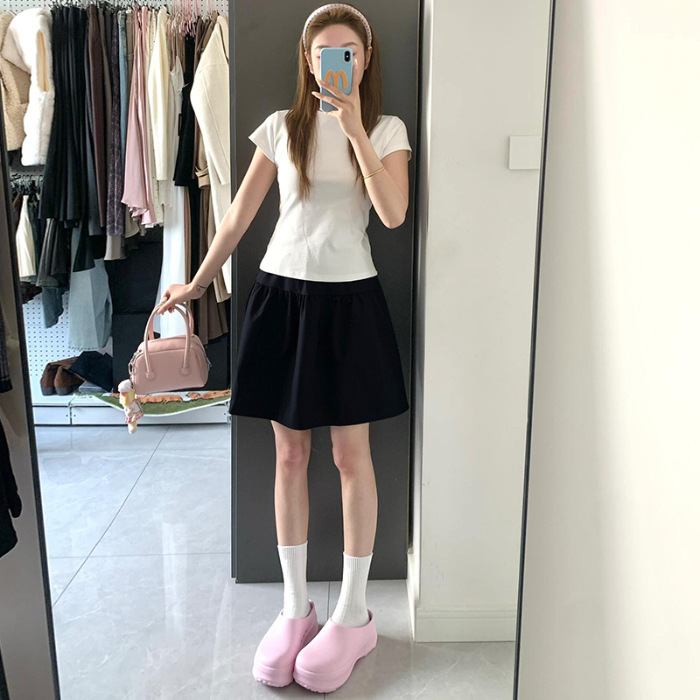 ネイビーブルー日本製スカート女性用2025春夏新作韓国風ハイウエストAラインスリムルーズミディスカートアンブレラスカート|undefined